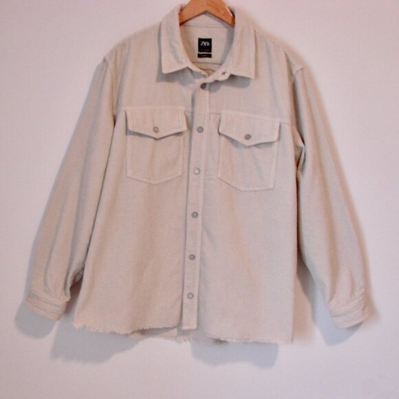 Zara Cream Beige Corduroy Shirt Jacket Relaxed Fit Snap Front Size XL - Picture 3 of 15